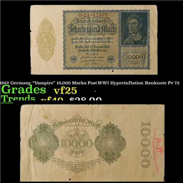 1922 Germany  Vampire  10,000 Marks Post-WWI Hyperinflation Banknote P# 72 Grades vf+