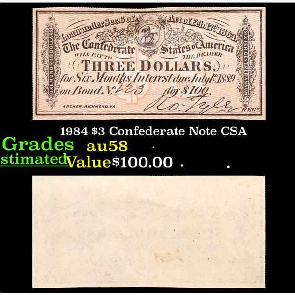 1984 $3 Confederate Note CSA Grades Choice AU/BU Slider