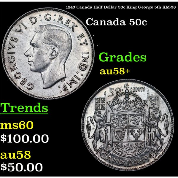 1943 Canada Half Dollar 50c King George 5th KM-36 Grades Choice AU/BU Slider+