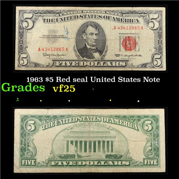 1963 $5 Red seal United States Note Grades vf+