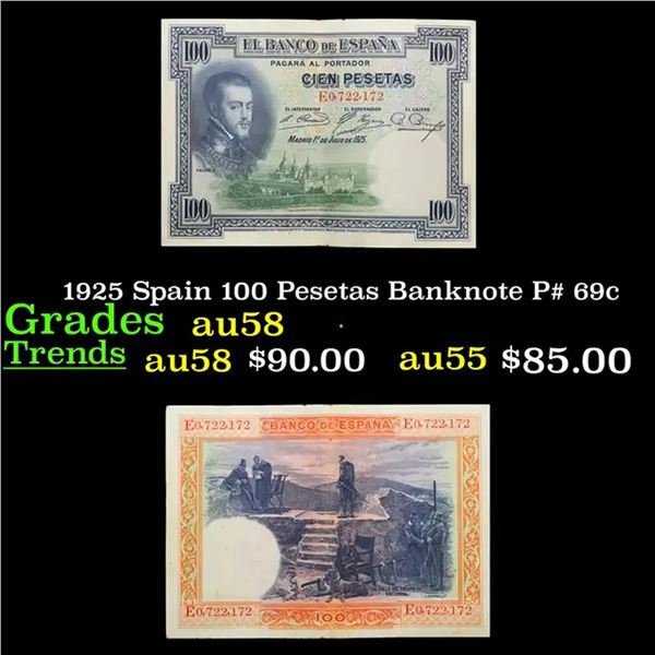 1925 Spain 100 Pesetas Banknote P# 69c Grades Choice AU/BU Slider