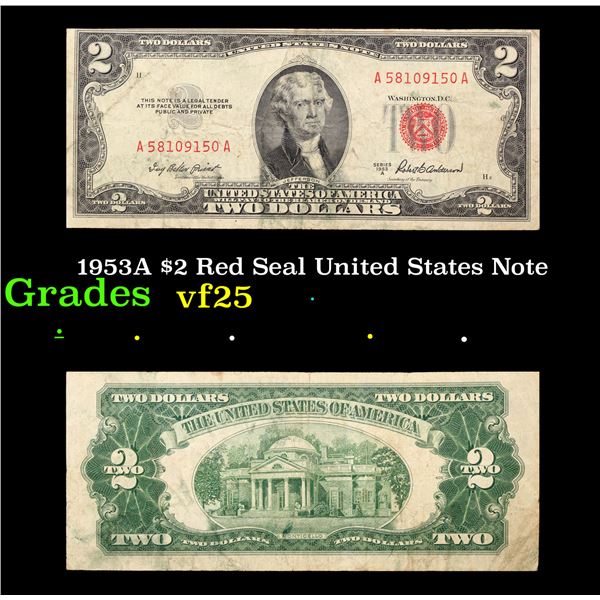 1953A $2 Red Seal United States Note Grades vf+