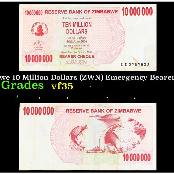 2006-2008 Zimbabwe 10 Million Dollars (ZWN) Emergency Bearer Check Notes P# 55a Grades vf++