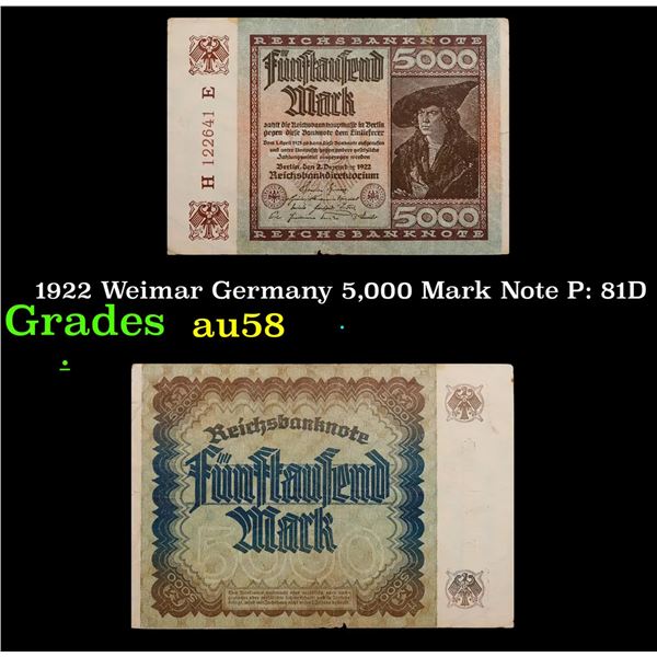 1922 Weimar Germany 5,000 Mark Note P: 81D Grades Choice AU/BU Slider