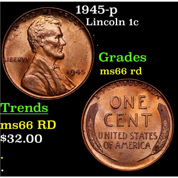 1945-p Lincoln Cent 1c Grades GEM+ Unc RD