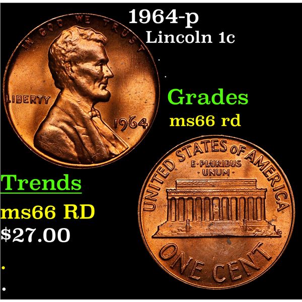 1964-p Lincoln Cent 1c Grades GEM+ Unc RD