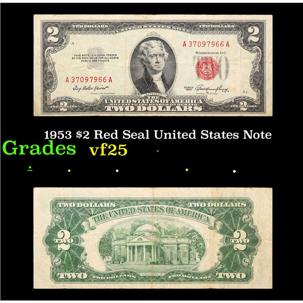 1953 $2 Red Seal United States Note Grades vf+