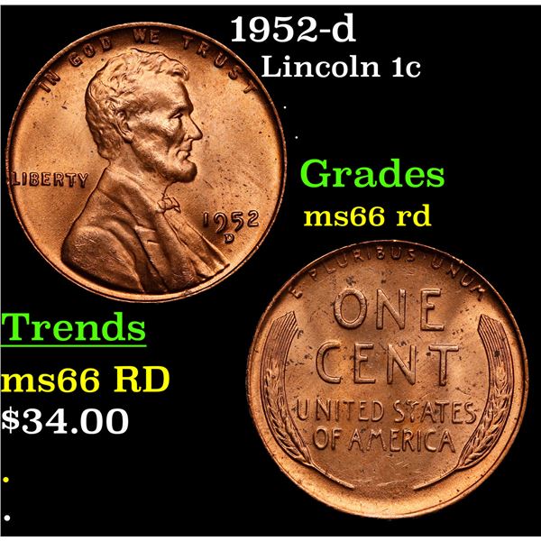 1952-d Lincoln Cent 1c Grades GEM+ Unc RD