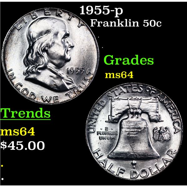 1955-p Franklin Half Dollar 50c Grades Choice Unc