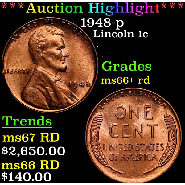 **Auction Highlight*** 1948-p Lincoln Cent 1c Graded GEM++ RD By USCG (fc)