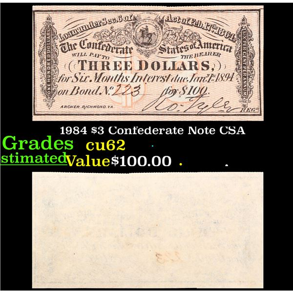 1984 $3 Confederate Note CSA Grades Select CU