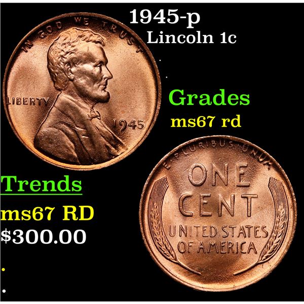 1945-p Lincoln Cent 1c Grades GEM++ Unc RD