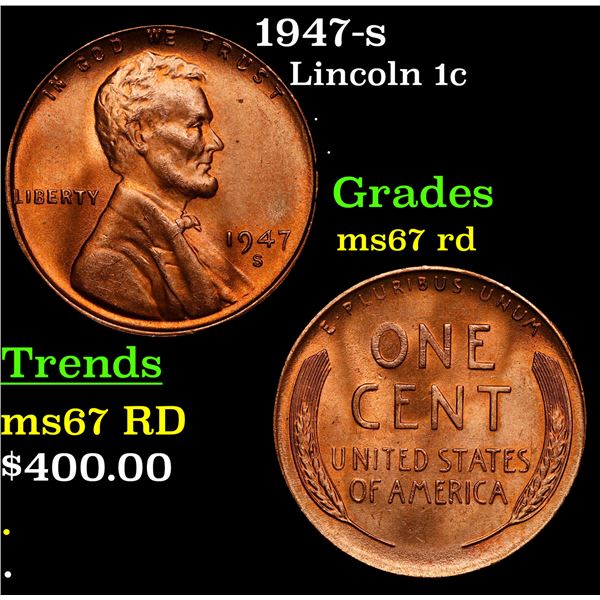 1947-s Lincoln Cent 1c Grades GEM++ Unc RD