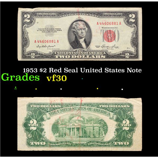 1953 $2 Red Seal United States Note Grades vf++