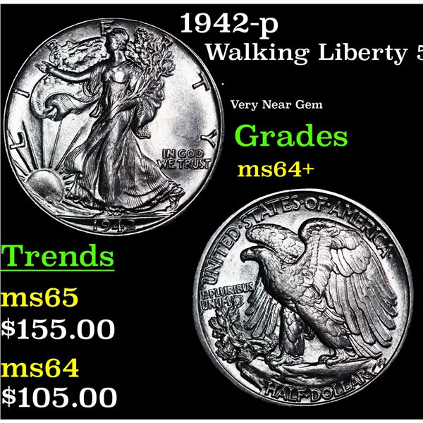 1942-p Walking Liberty Half Dollar 50c Grades Choice+ Unc