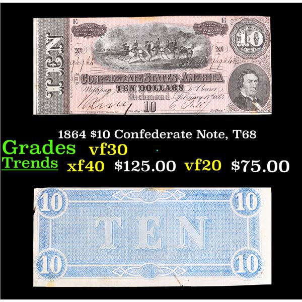 1864 $10 Confederate Note, T68 Grades vf++