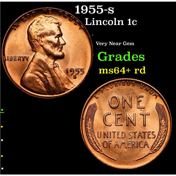 1955-s Lincoln Cent 1c Grades Choice+ Unc RD