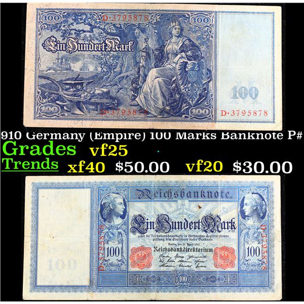 1910 Germany (Empire) 100 Marks Banknote P# 42 Grades vf+