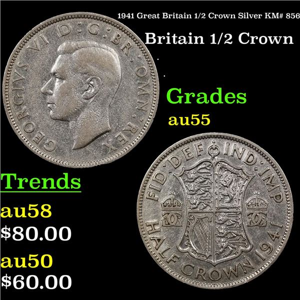 1941 Great Britain 1/2 Crown Silver KM# 856 Grades Choice AU