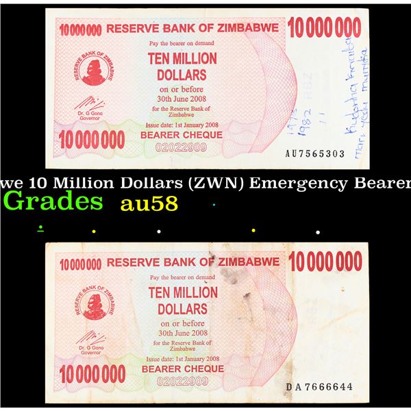 2006-2008 Zimbabwe 10 Million Dollars (ZWN) Emergency Bearer Check Notes P# 55a Grades Choice AU/BU 