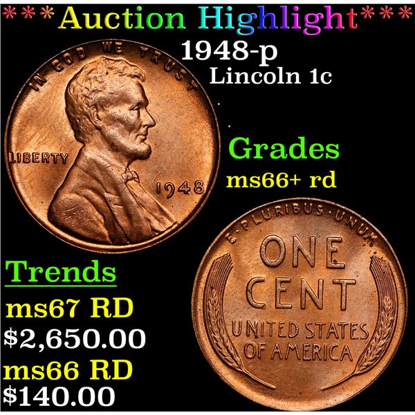 **Auction Highlight*** 1948-p Lincoln Cent 1c Graded GEM++ RD By USCG (fc)