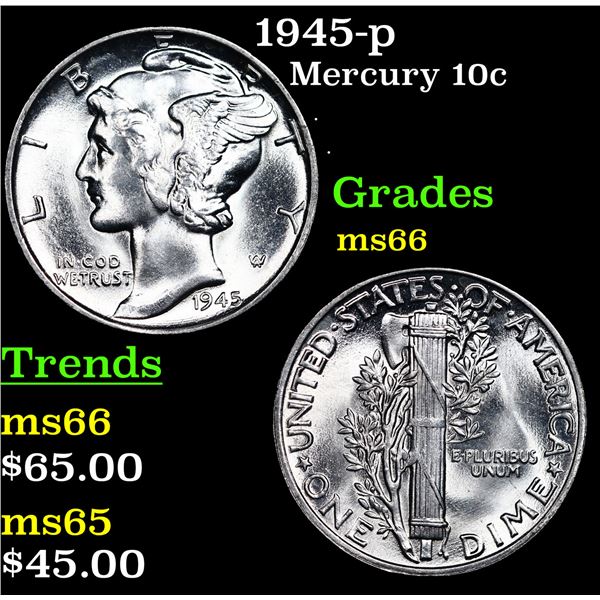 1945-p Mercury Dime 10c Grades GEM+ Unc