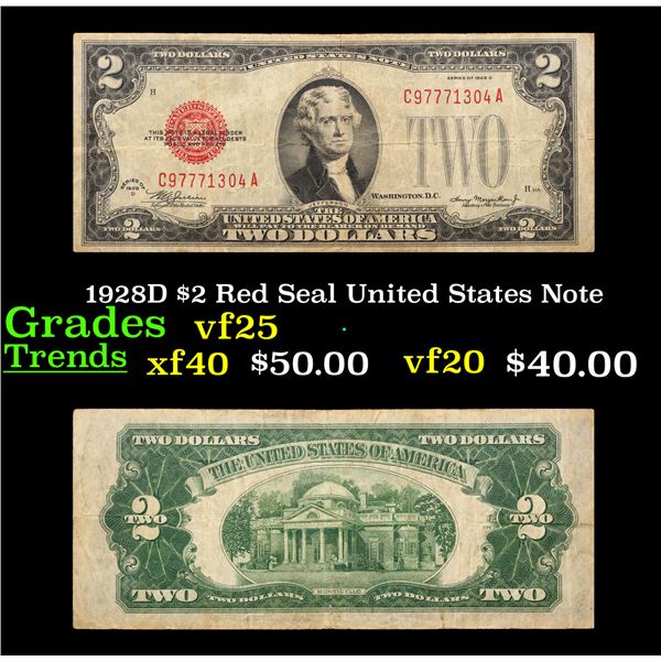 1928D $2 Red Seal United States Note Grades vf+