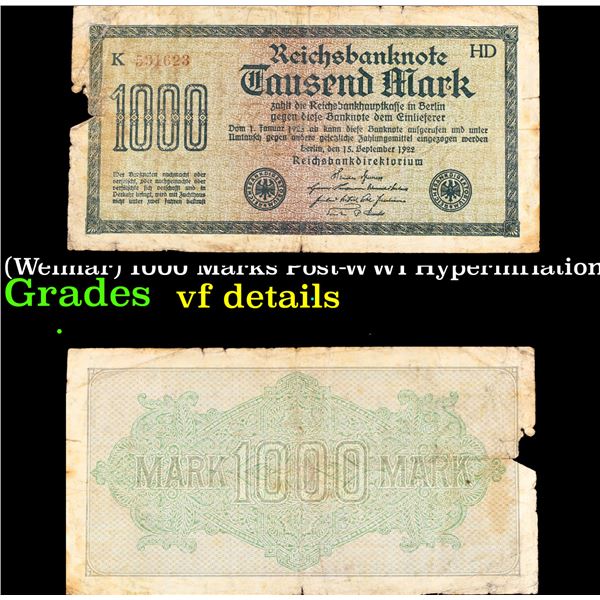 1922 Germany (Weimar) 1000 Marks Post-WWI Hyperinflation Banknote P# 76 Grades vf details