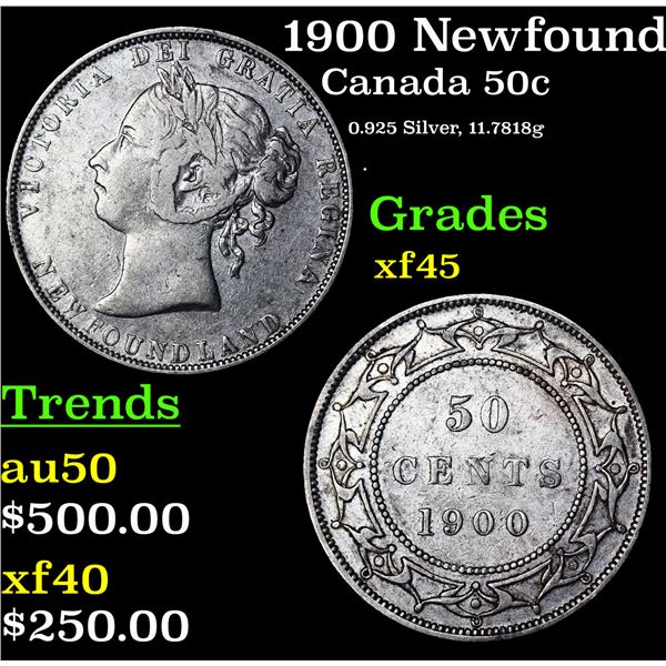 1900 Newfoundland Canada 50 Cents Silver KM# 6 Grades xf+