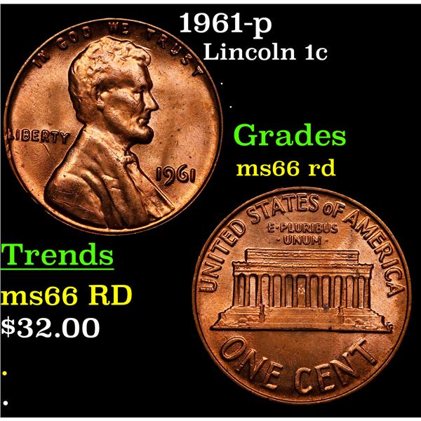 1961-p Lincoln Cent 1c Grades GEM+ Unc RD