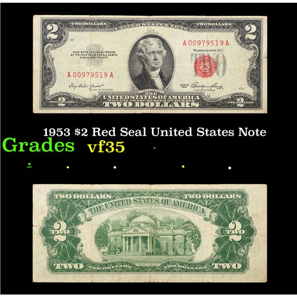 1953 $2 Red Seal United States Note Grades vf++