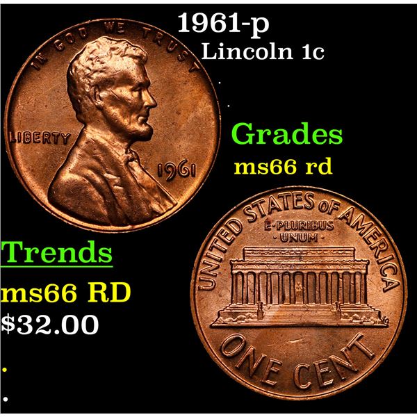 1961-p Lincoln Cent 1c Grades GEM+ Unc RD