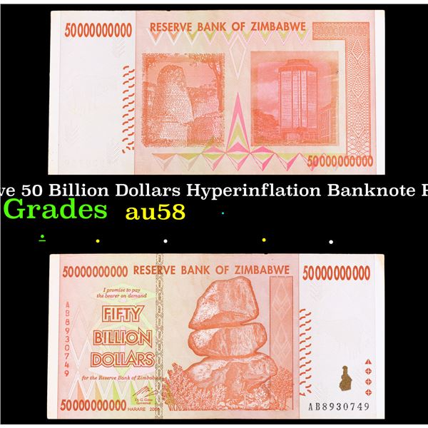 2007-2008 Zimbabwe 50 Billion Dollars Hyperinflation Banknote P# 87, 3rd dollar ZWR Grades Choice AU