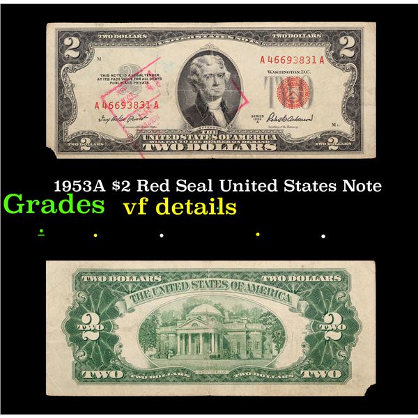 1953A $2 Red Seal United States Note Grades vf details