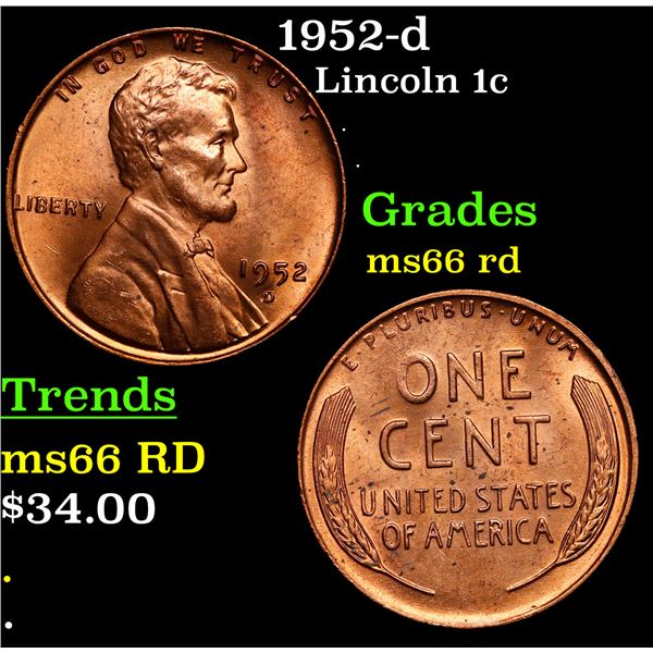 1952-d Lincoln Cent 1c Grades GEM+ Unc RD