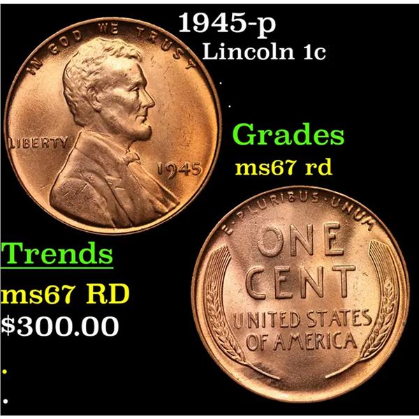 1945-p Lincoln Cent 1c Grades GEM++ Unc RD