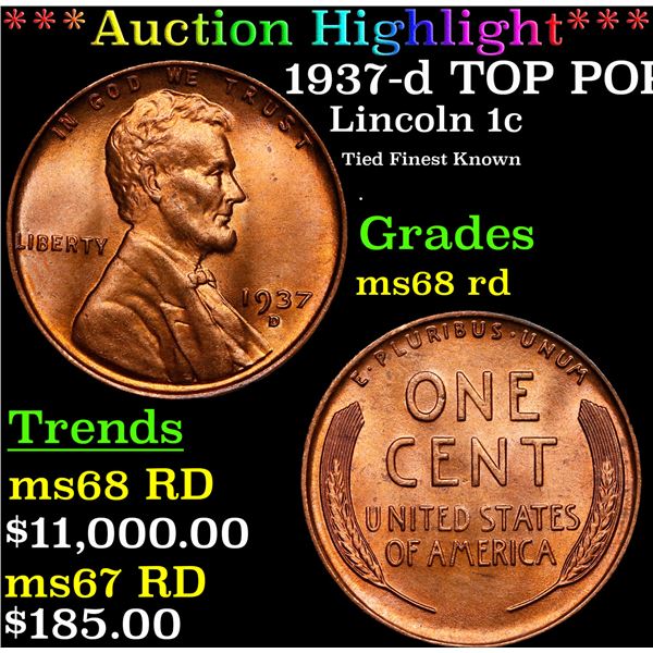 **Auction Highlight*** 1937-d Lincoln Cent TOP POP! 1c Graded GEM+++ Unc RD By USCG (fc)