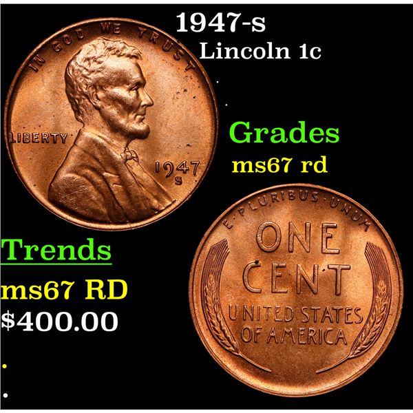 1947-s Lincoln Cent 1c Grades GEM++ Unc RD