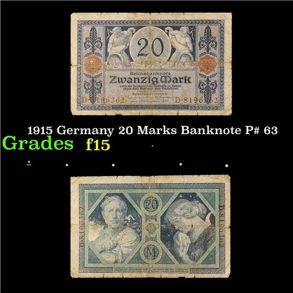 1915 Germany 20 Marks Banknote P# 63 Grades f+