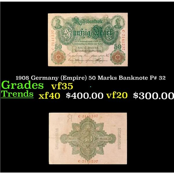 1908 Germany (Empire) 50 Marks Banknote P# 32 Grades vf++