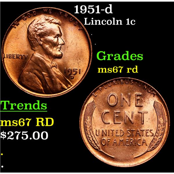 1951-d Lincoln Cent 1c Grades GEM++ Unc RD