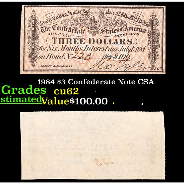 1984 $3 Confederate Note CSA Grades Select CU