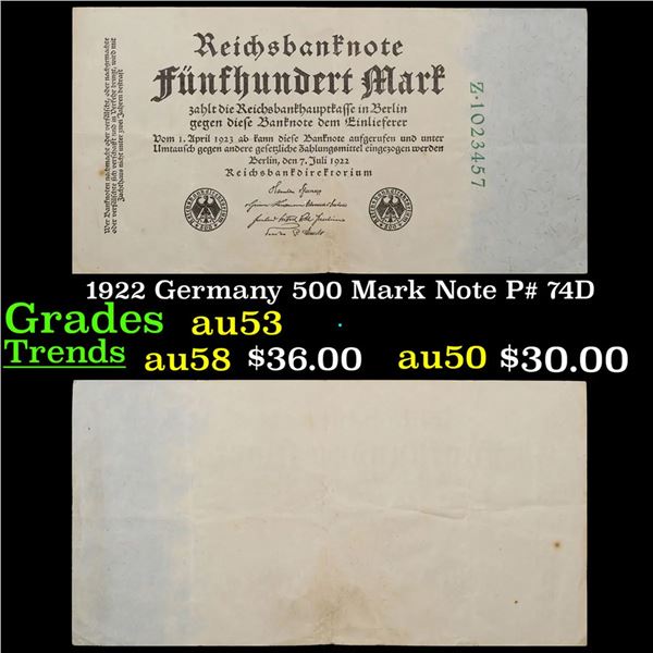 1922 Germany 500 Mark Note P# 74D Grades Select AU