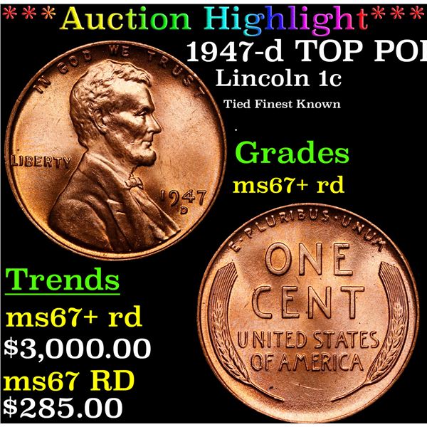 **Auction Highlight*** 1947-d Lincoln Cent TOP POP! 1c Graded GEM++ RD By USCG (fc)