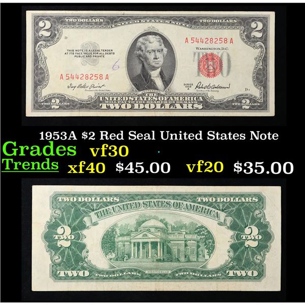 1953A $2 Red Seal United States Note Grades vf++