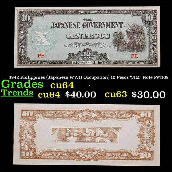 1942 Philippines (Japanese WWII Occupation) 10 Pesos  JIM  Note P#?108  Grades Choice CU