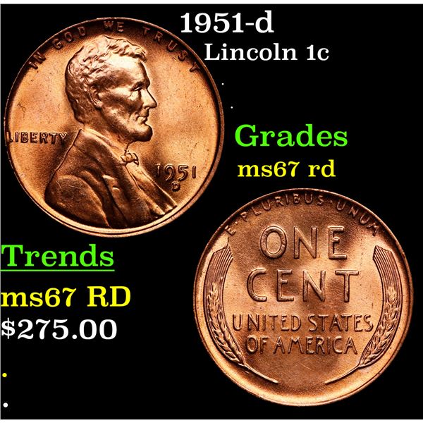 1951-d Lincoln Cent 1c Grades GEM++ Unc RD