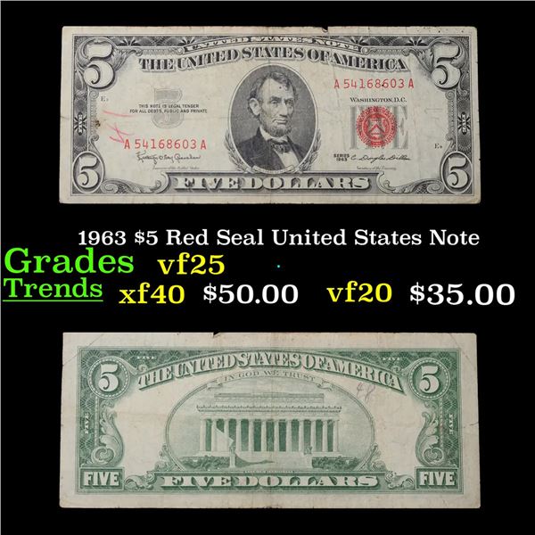 1963 $5 Red Seal United States Note Grades vf+