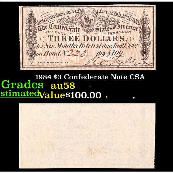 1984 $3 Confederate Note CSA Grades Choice AU/BU Slider