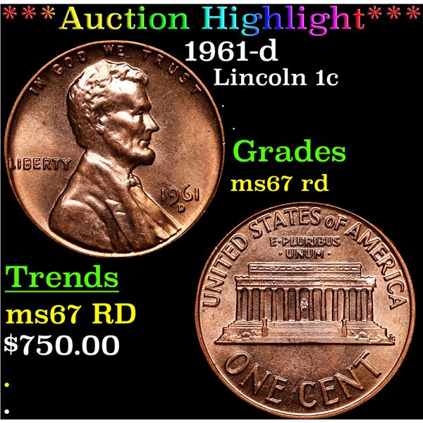 **Auction Highlight*** 1961-d Lincoln Cent 1c Graded GEM++ Unc RD By USCG (fc)